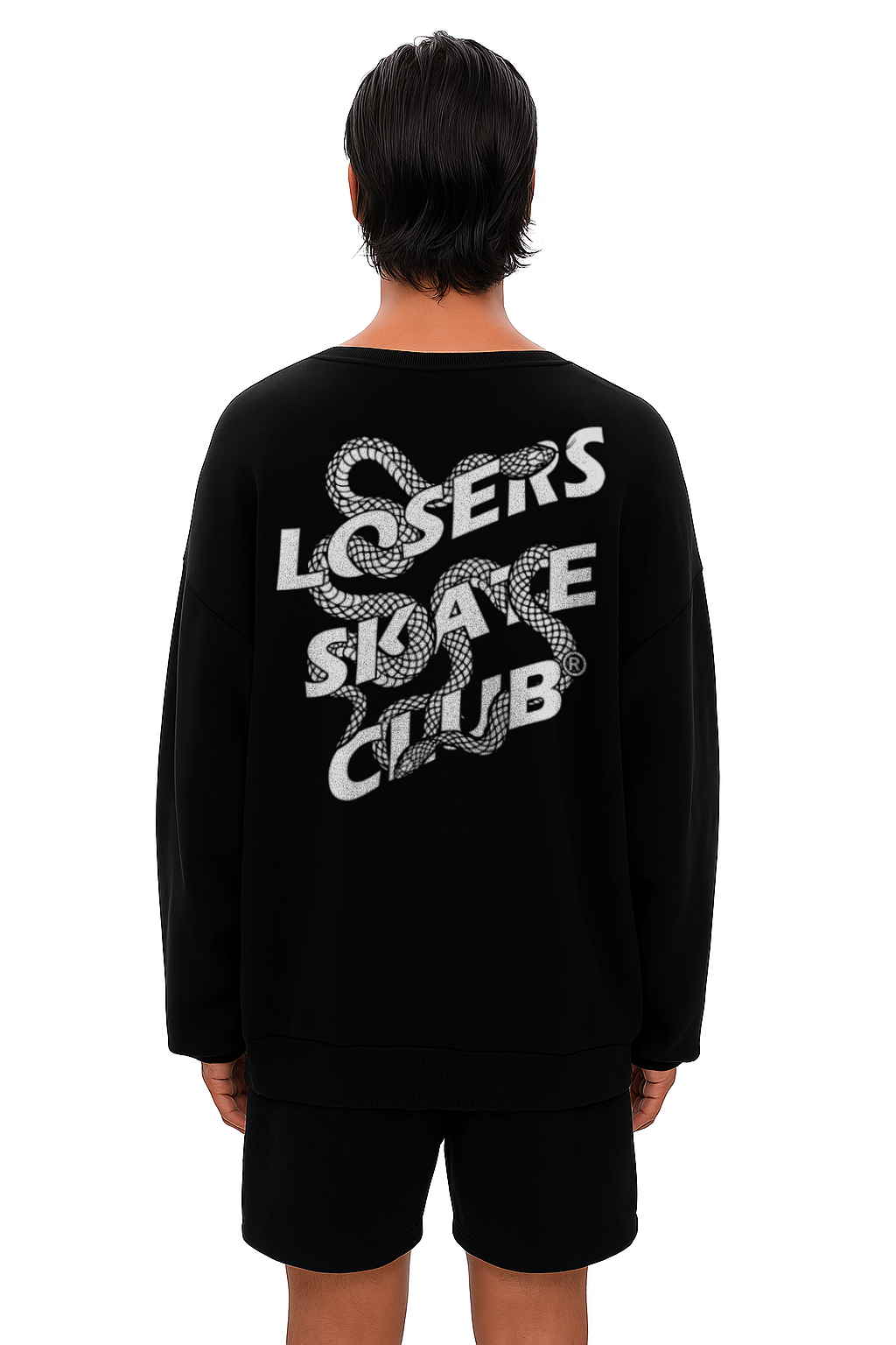 Person wearing a black sweatshirt with 'Losers Skate Club' text on the back, standing against a white background.

Mock Up. Visuals may vary in person.